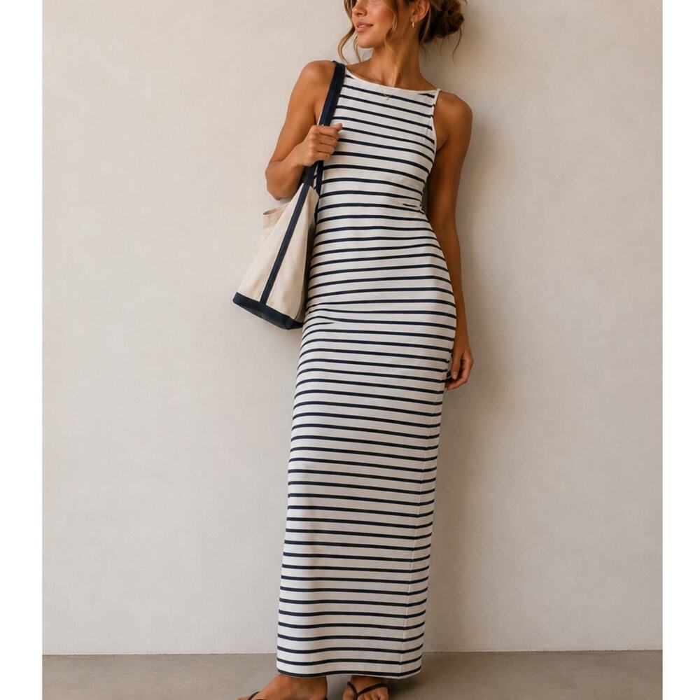 Rachel Pally Blue White Striped Halter Maxi Dress Womens S Nautical Beachy Vaca